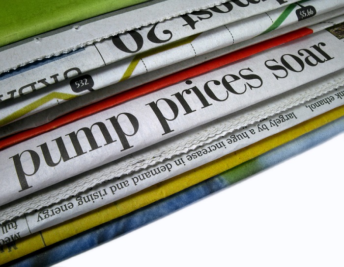 Newspaper headline "pump prices soar"