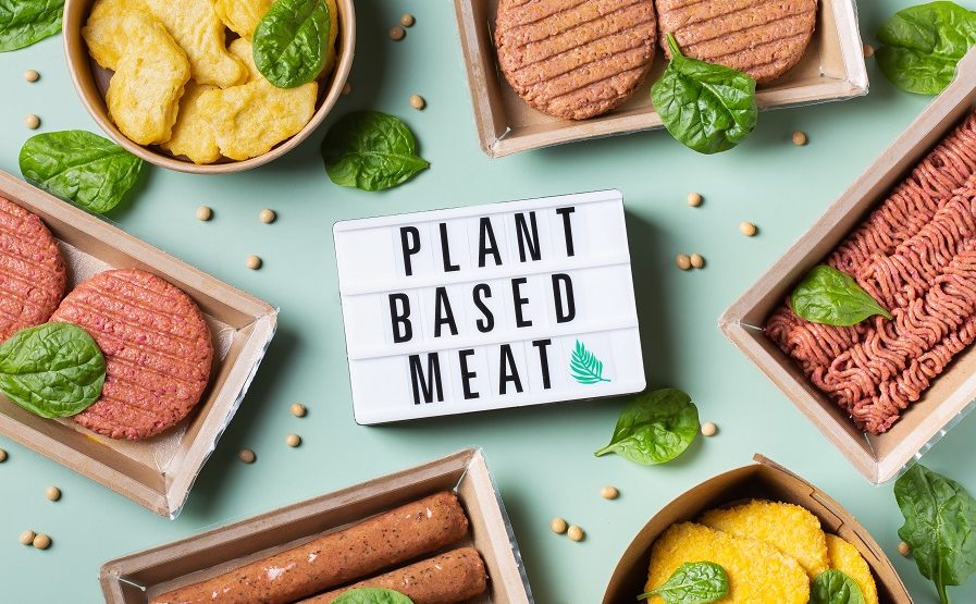 Assortment of plant based meat on a table. Food to reduce carbon footprint, sustainable consumption. View from above, flat lay food.
